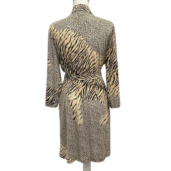 Natori Black Tan Animal Print Stretch Jersey Kimono Robe Tiger Leopard Lounge - Picture 3 of 14